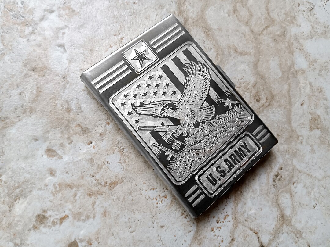 US Army Eagle Flag Wallet Card Holder RFID Blocking Engraved Custom Stainless Steel Case with Release Button Floral Monogram Unique Gift | MakerPlace by Michaels US Army Eagle Flag Wallet Card Holder RFID Blocking Engraved Custom Stainless Steel Case with Release Button Floral Monogram Unique Gift | MakerPlace by Michaels